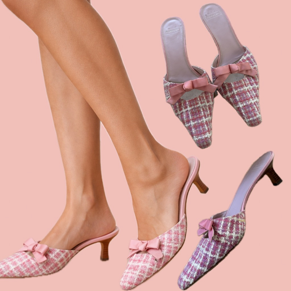 Harold’s Pink Tweed Bow Mule Heels Size 9.5 – Coquette Cher Clueless Vibes